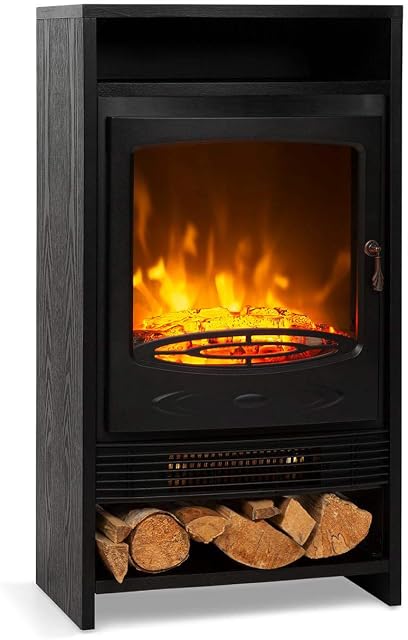 Klarstein Bergamo Electric Fireplace - Electric Fire, Electric Fire Place, 2 Heating Levels, Thermostat, Realistic Flame Illusion: Independent LED Flame Effect with Resin Logs - Granite Grey