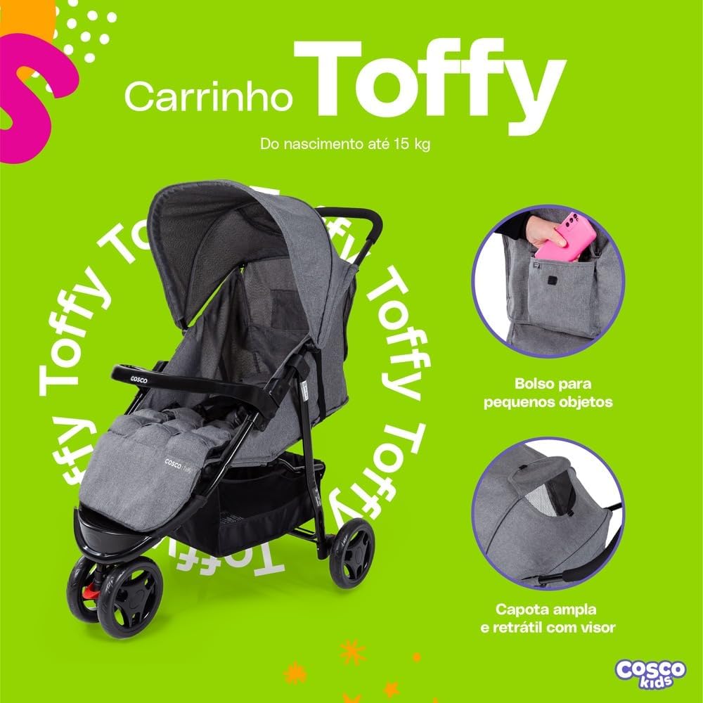 Imagem frontal do carrinho de bebê com fundo verde vibrante.