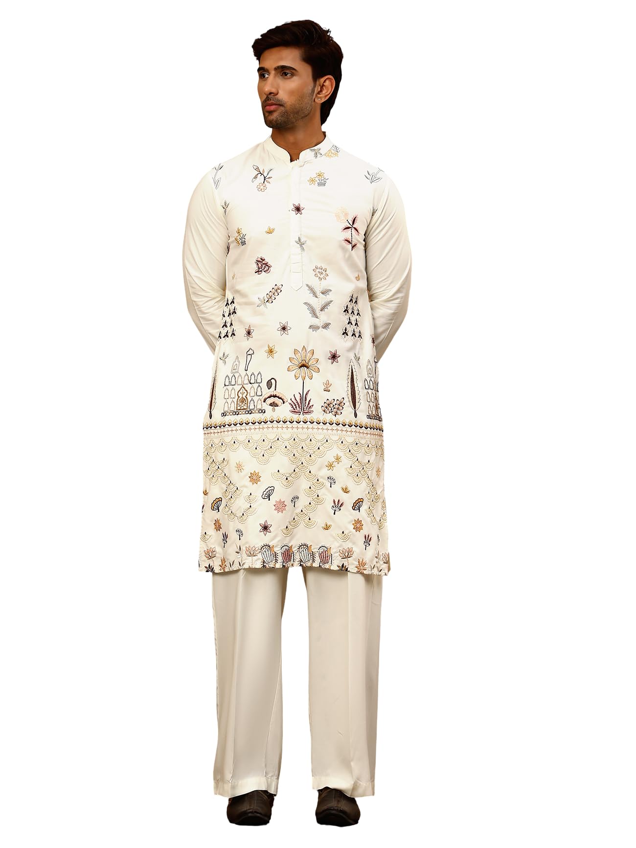 Silk Blend Floral Embroidered Kurta Pyjama Set (Wine, S)-image-26