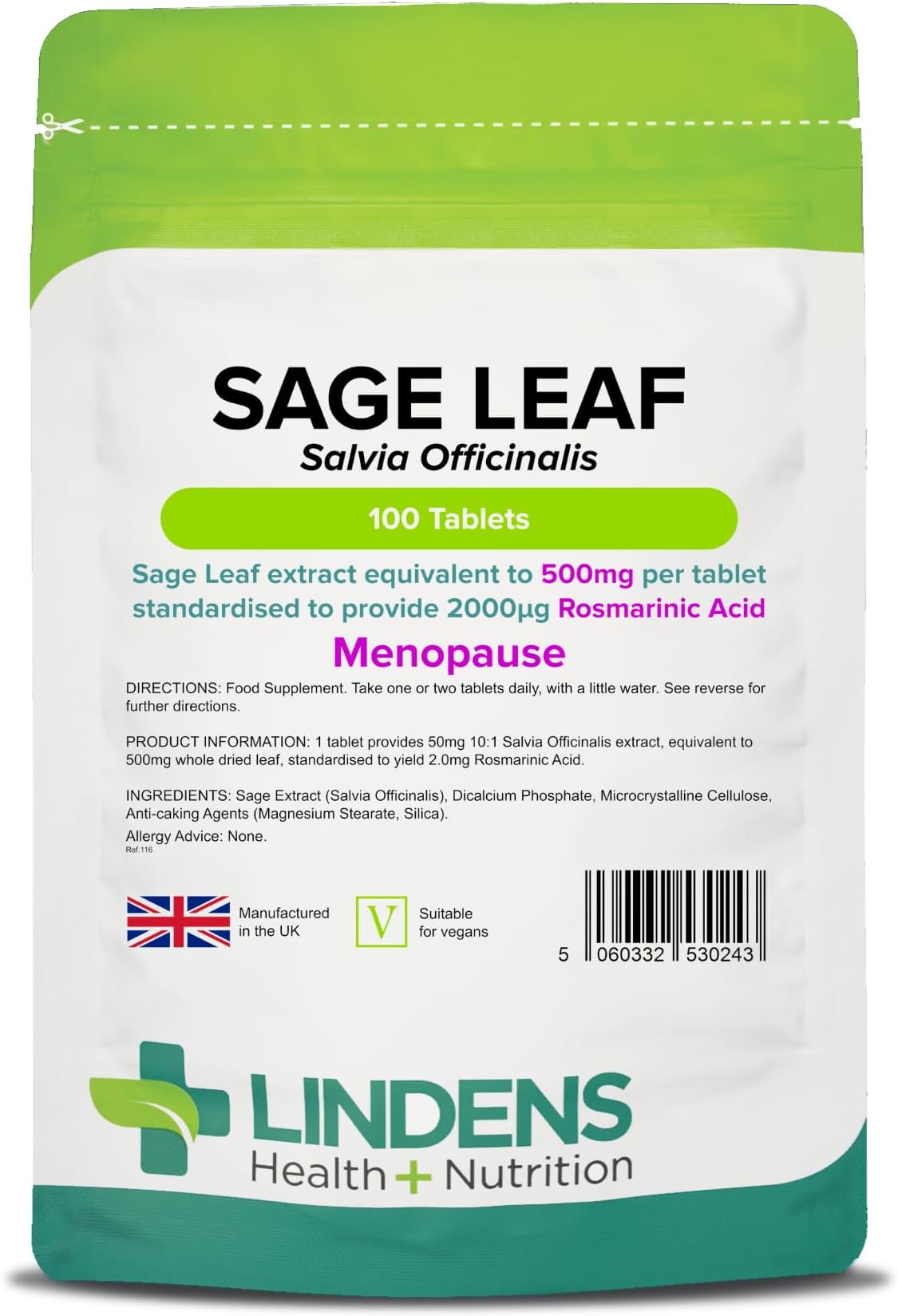 Lindens - Sage Leaf Extract 500mg Tablets - 100 Pack - UK Made - Equivalent to 500mg Dried Leaf Per Tablet - Standardised to Yield 2mg Rosmarinic Acid - Letterbox Friendly, Vegan