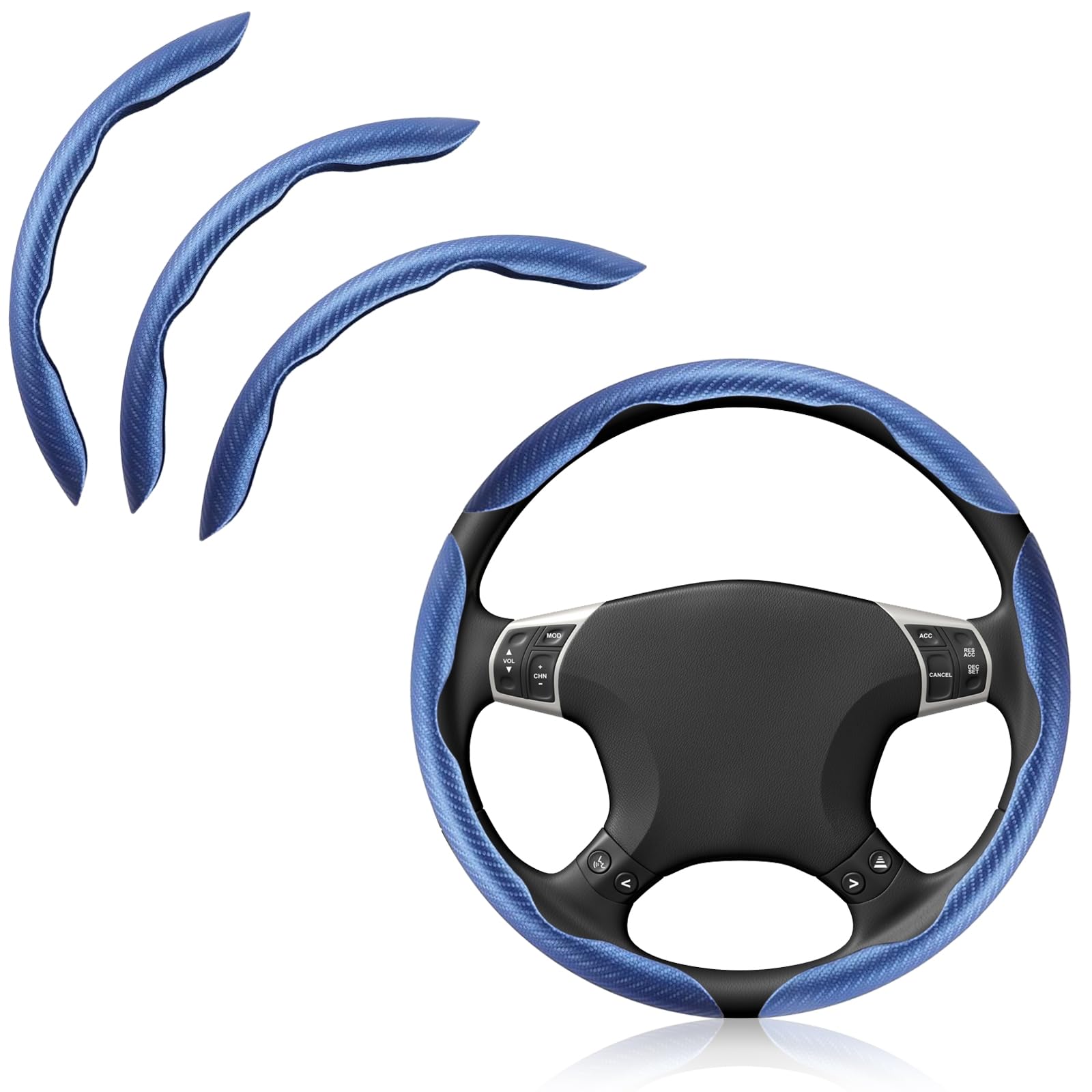 Pincuttee Carbon Fiber 3PC Steering Wheel Cover, Universal Non Slip Steering Wheel Protector, Matte Blue