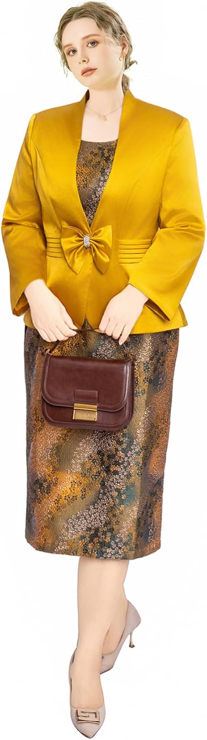 Geenlinm FASHlON Women's Dress Church Suits 2 Piece Jacquard Dress Bow Button Jacket Set Brocade Elegance Outfits Plus Size