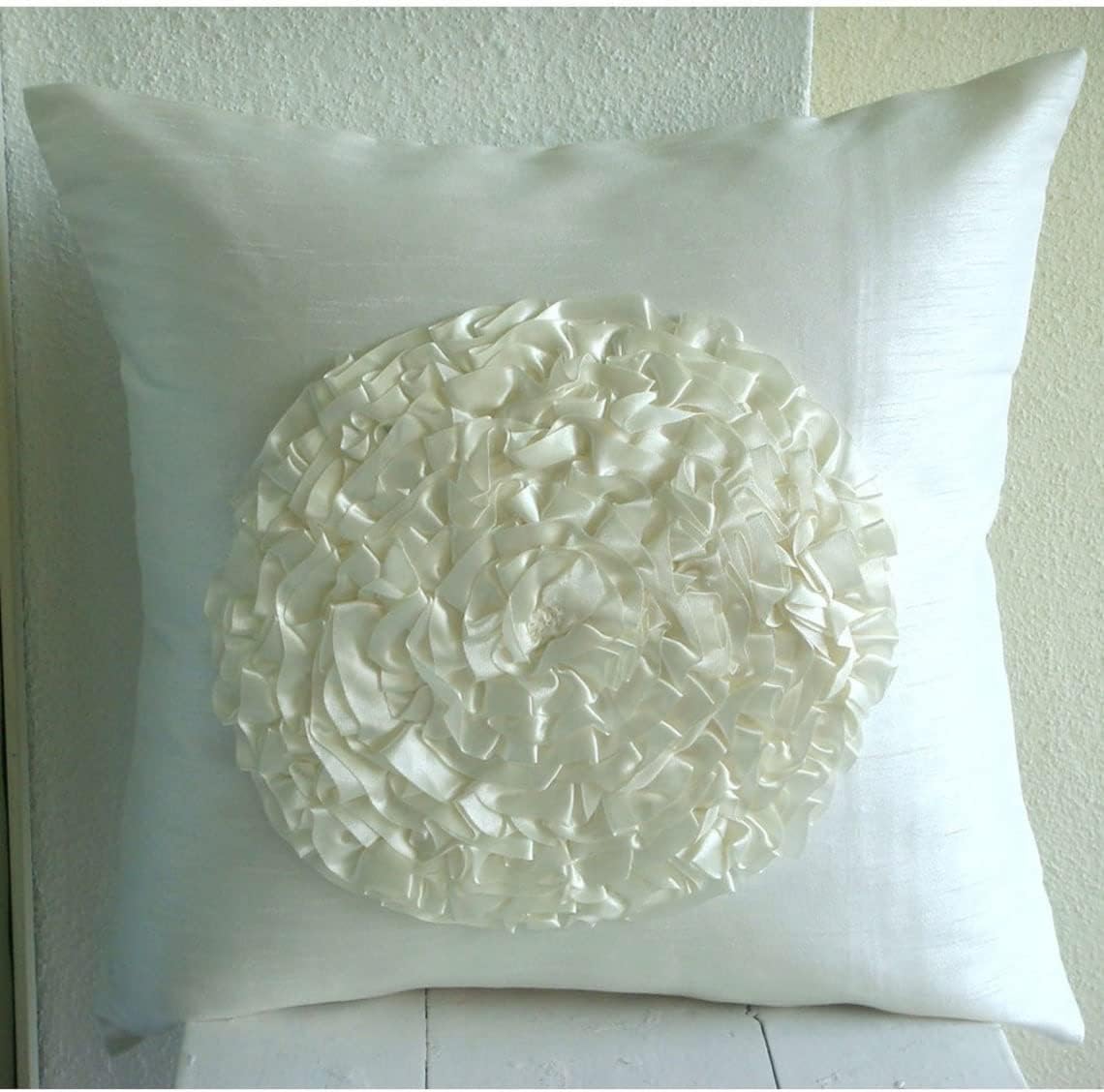 The HomeCentric Decorative Pillow Cover, Ivory Euro Size Pillow Covers 26x26 inch (65x65 cm) Silk Euro Pillow Cases, Nature & Floral, Ribbon Embroidery, Modern Euro Size Pillowcases - Vintageous