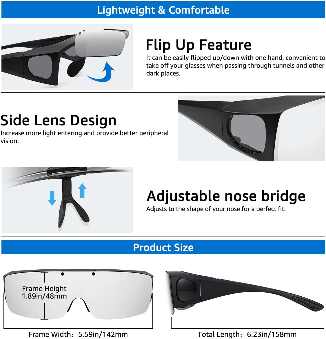Mens Polarized Flip Up Fitover Sunglasses with Mirrored Lenses