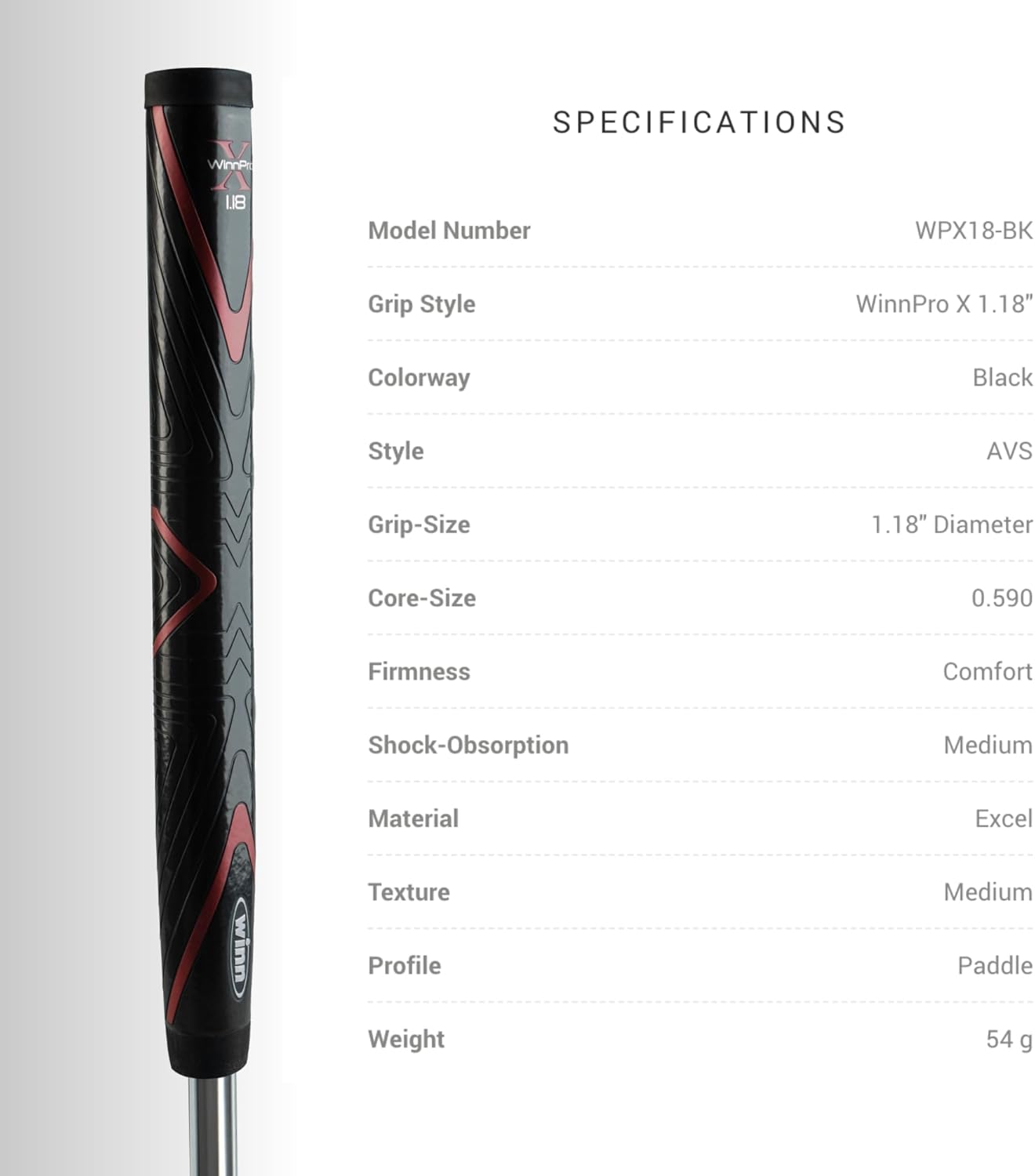 Winn Pro X 1.18 Putter Grip (Midsize, Black/Red),Winn Pro X 1.18 WPX18-BK