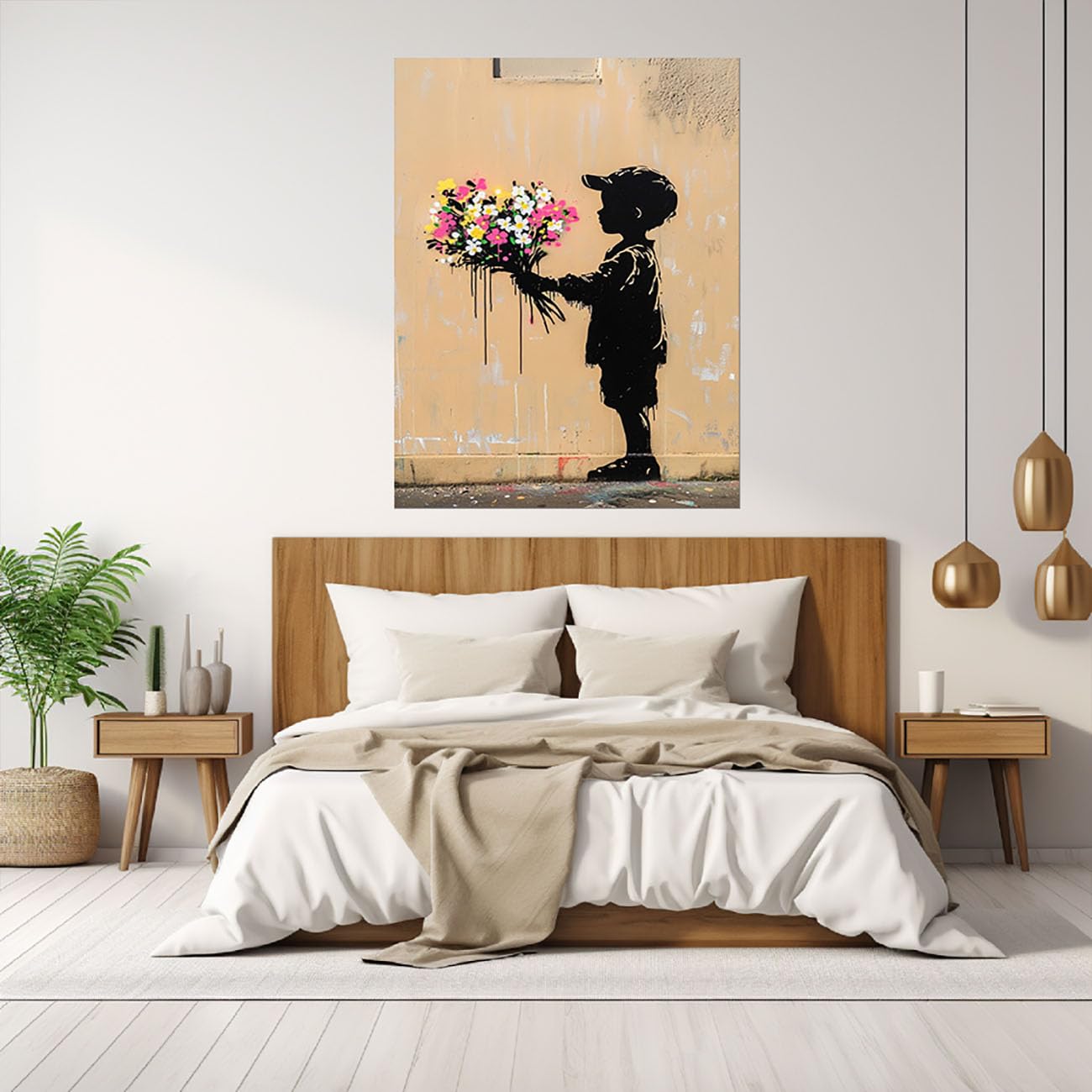 WIKEO Banksy na płótnie, graffiti, słodkie chłopięce kwiaty, do sypialni, dekoracja ścienna, do salonu, nowoczesna dekoracja ścienna, prezent (czerwony) - 70 x 100 cm, oprawiony
