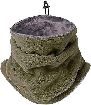 Queenbox Adjustable Polar Fleece Neck Warmer Windproof Beanie Hat Scarf Winter Face Mask Cover with Drawstring, Army Green