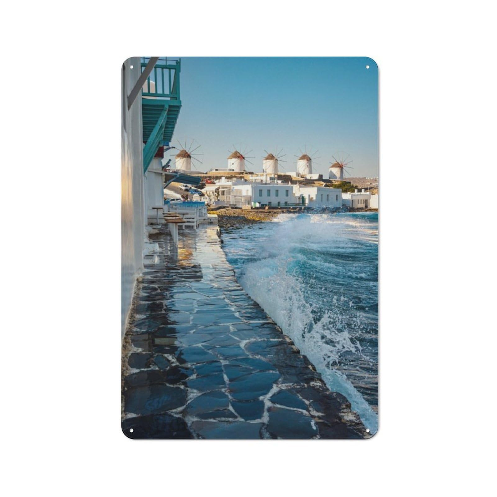 Junmoney Famous Windmills Mykonos Rustic Tin Sign 30X20cm For Living Room Or Hallway, A Metal Wall Feature For Living Rooms And Hallways