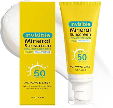 Invisible Mineral Sunscreen SPF 50 - Lightweight Broad Spectrum Facial Sun Cream for Daily UV Protection - Non-Greasy Zinc Mineral Sunscreen - Hydrating Invisible Finish SPF Moisturiser
