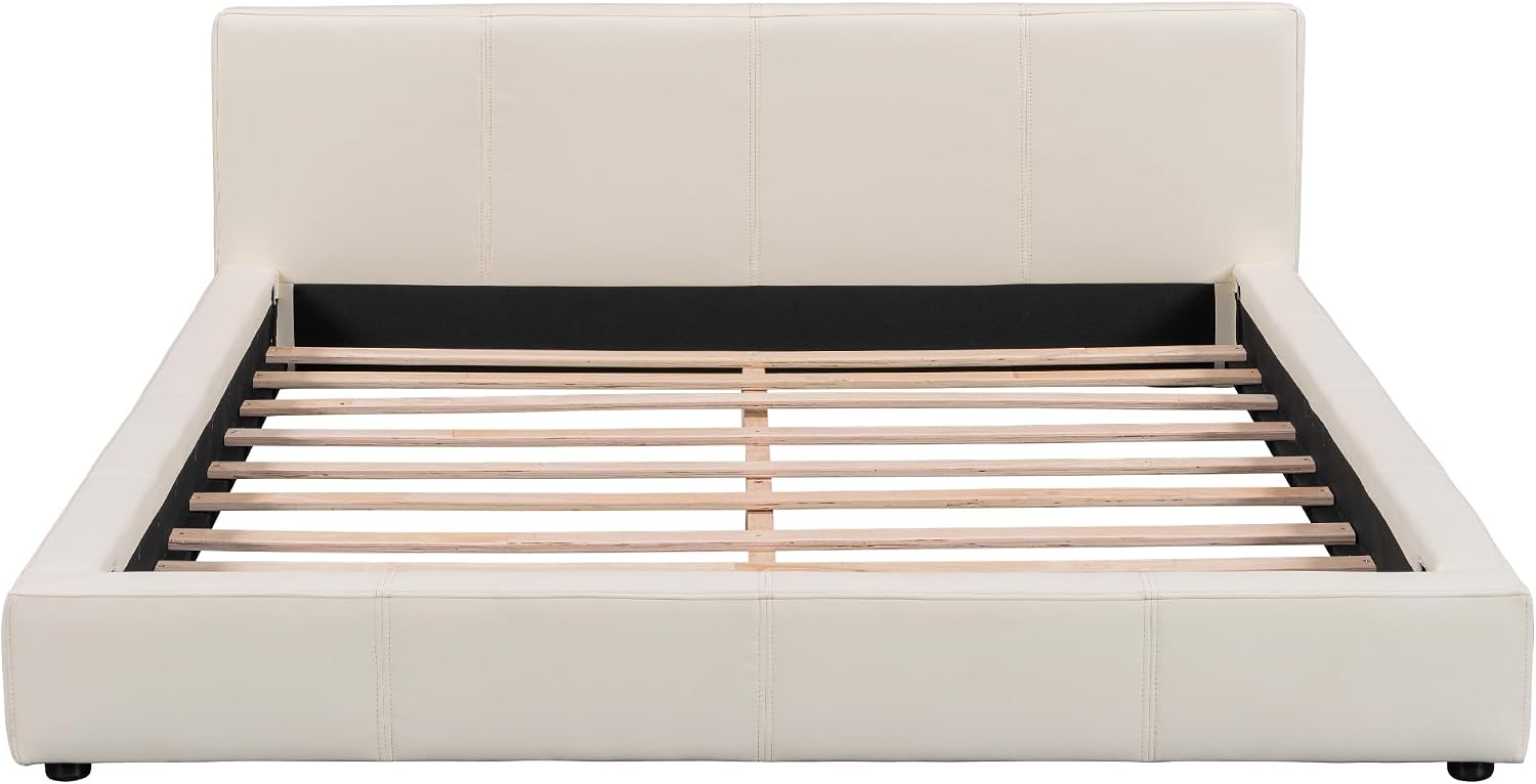 Christopher Knight Home Nahat Queen Size Upholstered Platform Bed, Faux Leather Bed Frame and Headboard, Wood Bed Support and Slat, Stylish Fully Mattress Foundation, No Box Spring Needed, Beige
