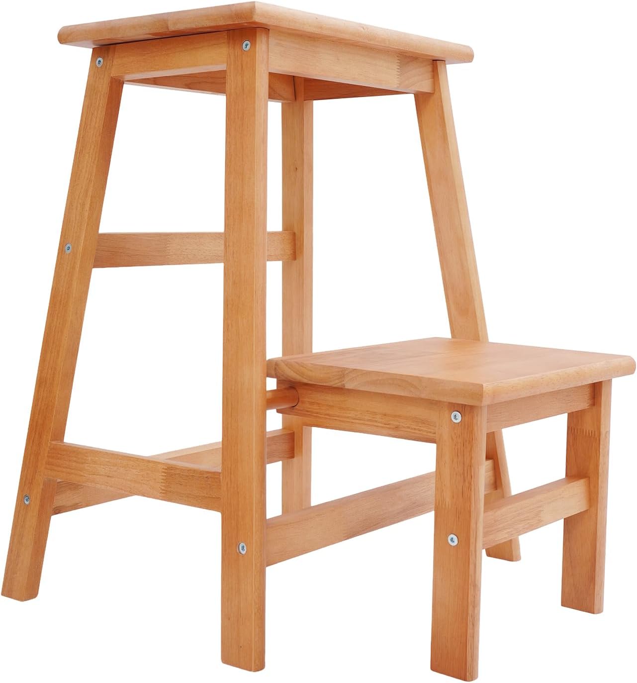 2 Tier Folding Step Stool Wood Ladder, Multi-Purpose Foldable Step Stool with Wide Pedal, Portable Wooden Ladder for Kitchen Closet Bedroom Library Office (Burlywood)