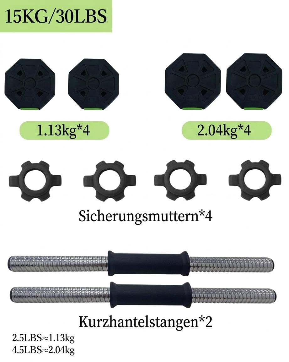 Hantelset 15kg, 2 Stangen, 4x1,13kg & 4x2,04kg, Verstellbar.
