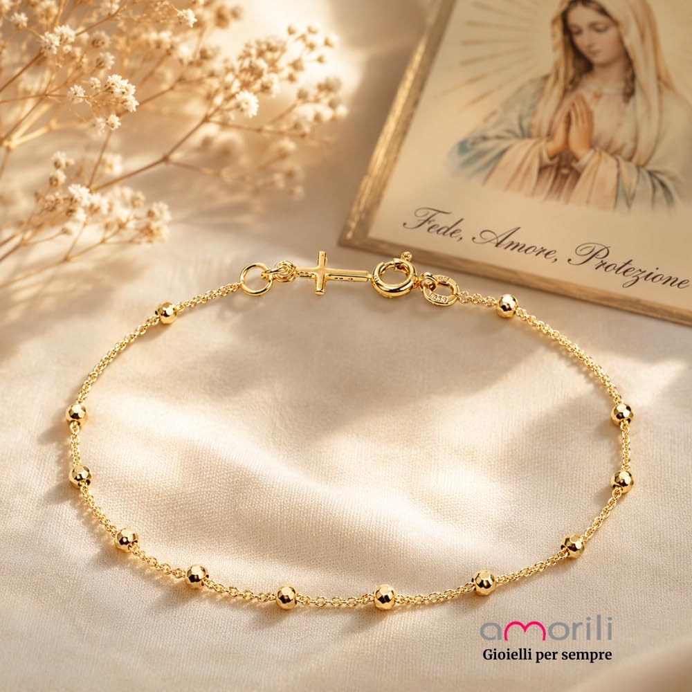 Bracciale Rosario Uomo Donna in Argento 925 Dorato con Rodio – Simbolo Cattolico Cristiano di Fede – Braccialetto Religioso Elegante Idea Regalo bcc0335