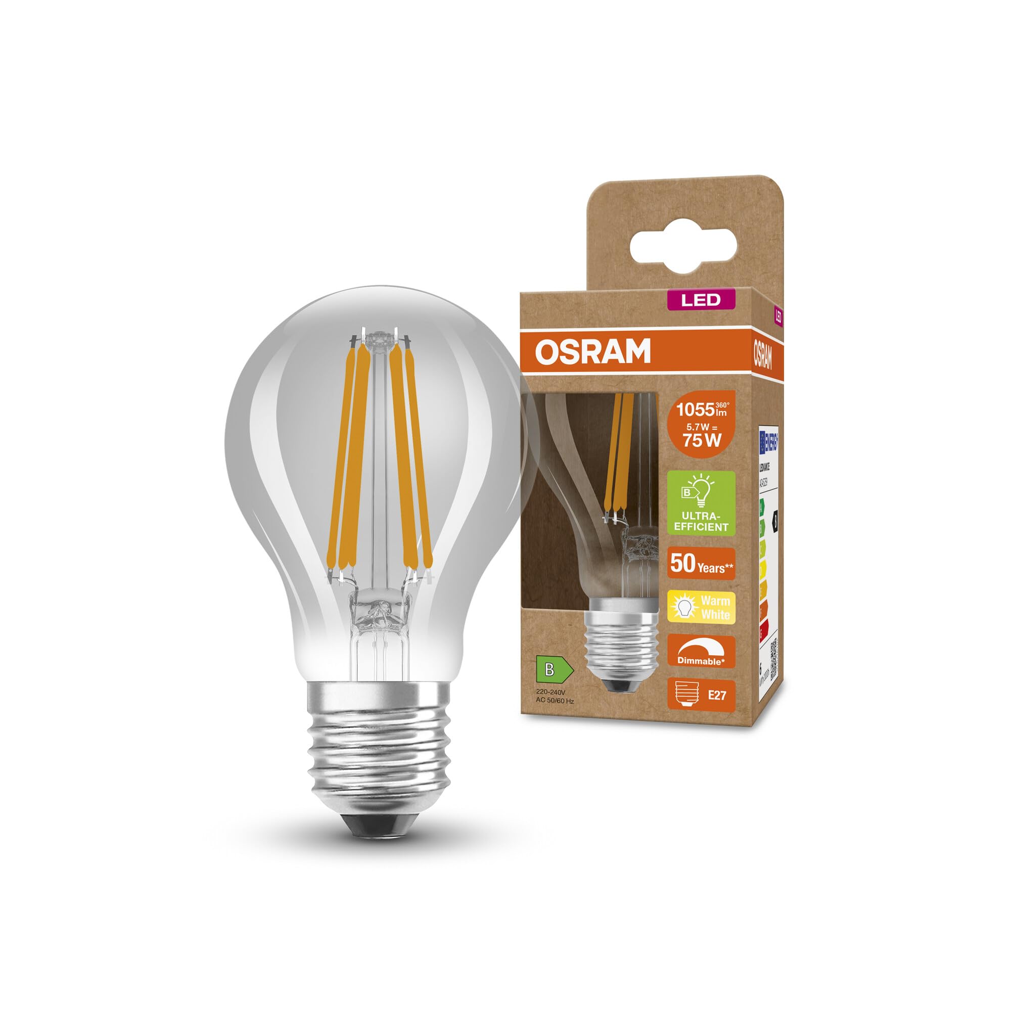 OSRAM Superstar+ Classic A Fil 75 Led Lamp, E27, Bulb Shape, 5.7W, 1055Lm, 2700K, Warm White Light, Dimmable, Led Filament Technology, Very Low Energy Consumption, Energy Efficiency Class B