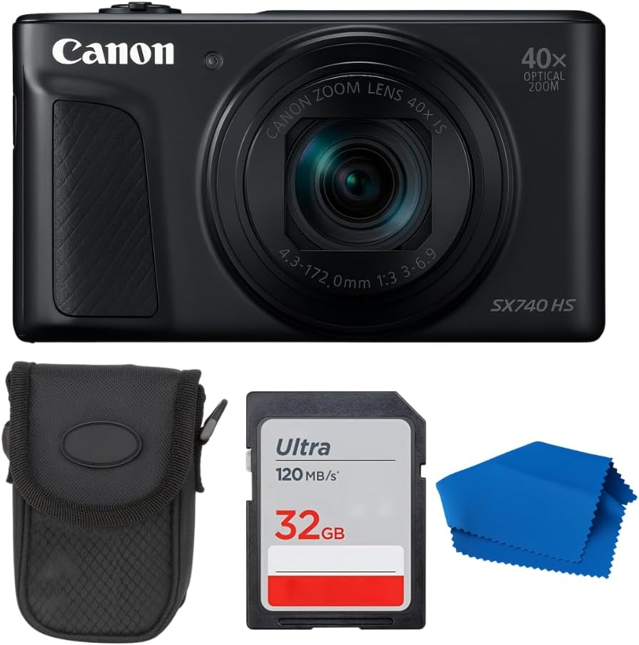 Canon PowerShot SX740 HS Digital Camera (Black) 4PC Bundle - Includes 16GB SD Memory Card + Point & Shoot Case + Microfiber Cleaning Cloth