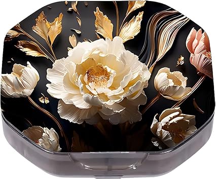 This Portable 3D White Peony Pattern 4 Compartment Pill Box Can Be Placed in A Pocket Or Wallet to Store Vitamins, Medicines Health Supplements Other Medications.