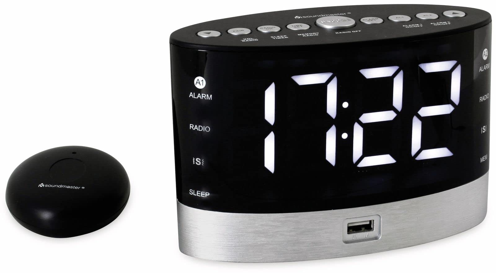 Soundmaster UR580SW UKW Radiowecker Hörgeschädigte Schwerhörigkeit Gehörlose Taubheit Tiefschläfer schnurloses Vibrationskissen Bettschüttler Batterie Backup Jumbo Display LED USB Ladebuchse