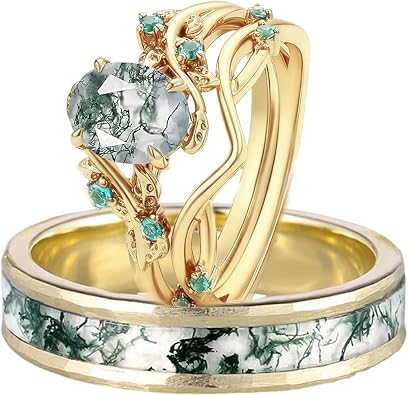 10K 14K 18K Gold Natural Moss Agate Couple Wedding Ring Set for Men and Women 925 Silver 1-3ct Moss Agate Couple Matching Engagement Ring Set for His and Her 3pcs Anniversary Bridal Rings Sets