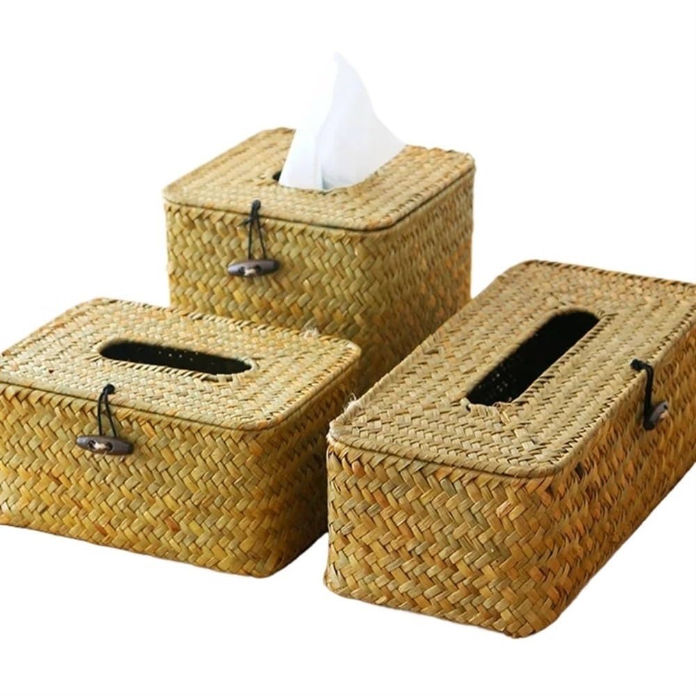 Aimanqi S M L 3Pcs Straw Tissue Box Handmade Woven Rattan Napkin Holder Box Roll Paper Tray Car Living Room Storage Box Home Decor(S M L 3Pcs)