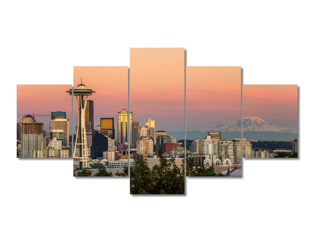 Wall Art Framed Artwork Seattle Skyline at Sunset Mt. Rainier in the Background Pictures for Living Room 5 Panel Canvas Modern City Painting Home Decor Stretched Ready to Hang(60"Wx32"H)