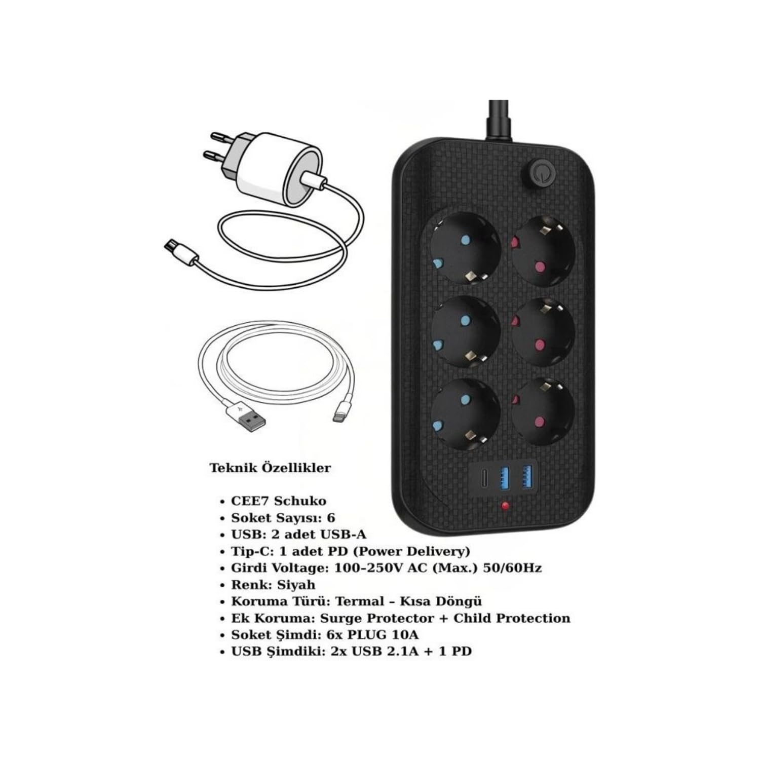 2500W Termal Koruma Çoklu Priz, 6 AC + 2 USB-A + 1 USB-C PD20W, Akıllı Akım Dengeleme, Çocuk Güvenlik Kapaklı, Isıya Dayanıklı Gövde, 2 Metre Kablo