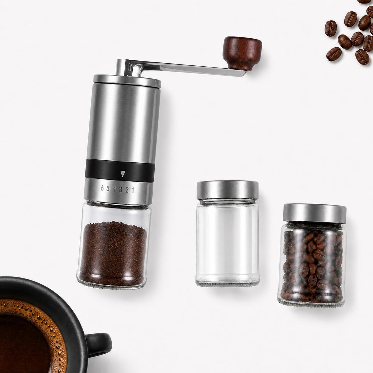Molinillo de café manual plateado con 2 recipientes de cristal | Molinillo de cerámica de acero inoxidable para café expreso, café de filtro, prensa francesa, camping