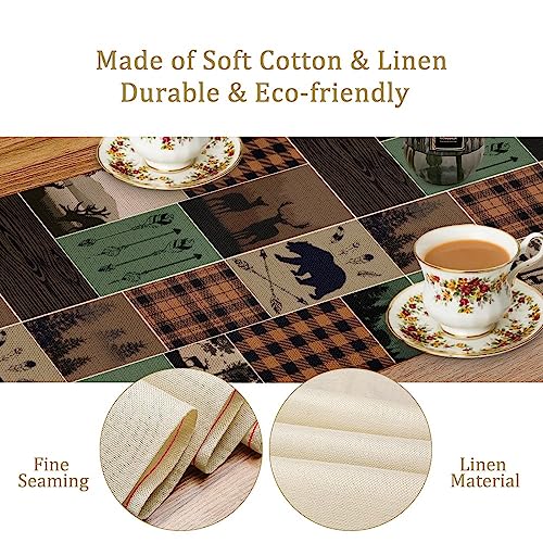 Image of Rustic Country Cabin Hunting Moose Table Runner,Retro Green Patchwork Bear Deer Hunting Wild Animal Plaid Checkered for Kitchen Dining Room 13x120in