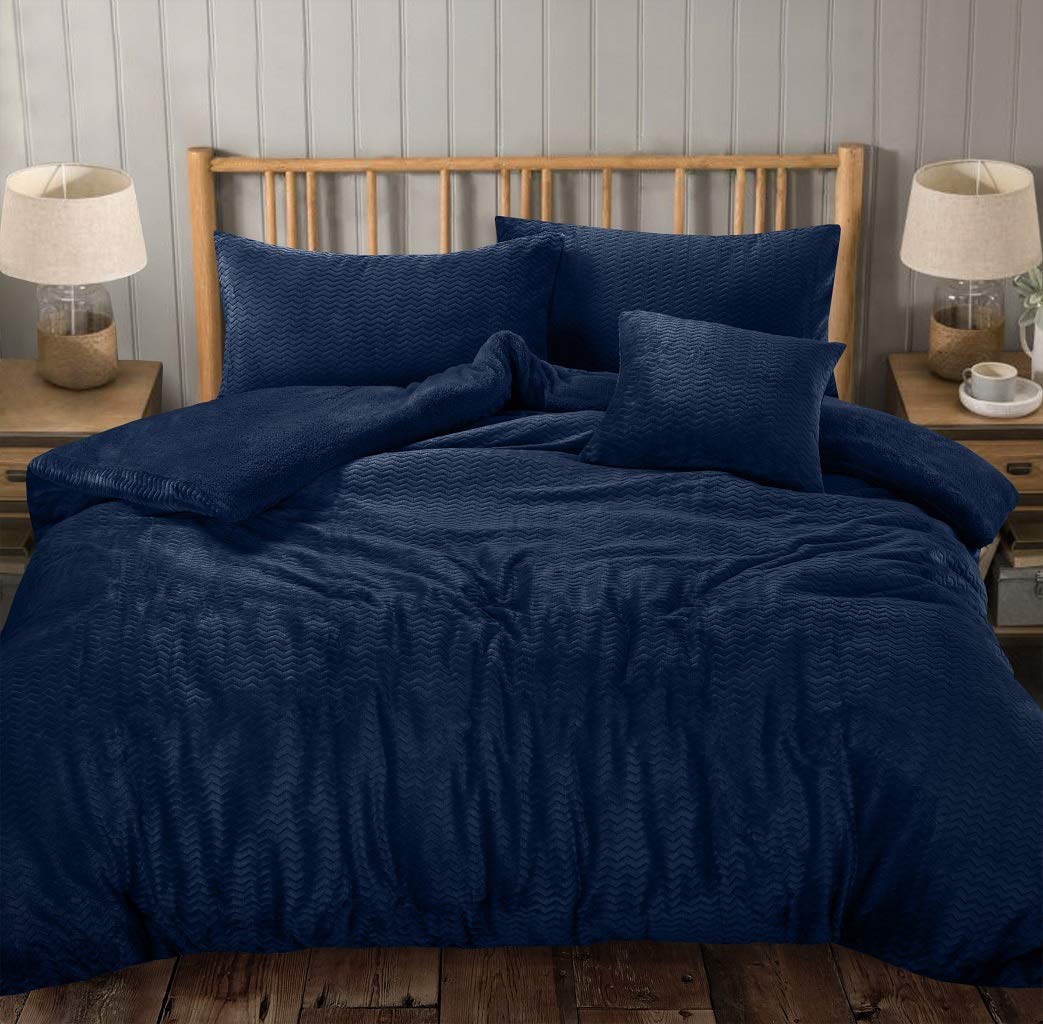 Bluemoon Bedding Waffle Teddy Fleece Navy Blue Warm And Cosy Soft Duvet Cover Quilt Bedding Set With Pillowcases - King (220cm x 230cm)