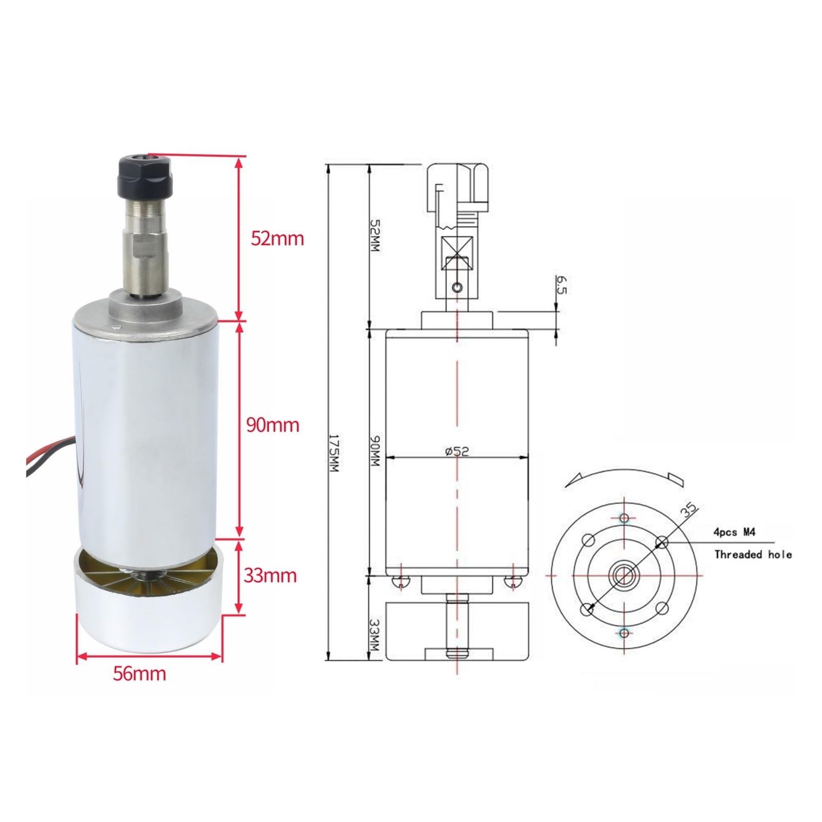 Motore Mandrino Raffreddato Ad Aria CC CNC 200W 300W 400W 500W 12-48V DC con Pinza ER11 / ER16 for Macchina for Incidere Precisione Efficienza(500W ER11)