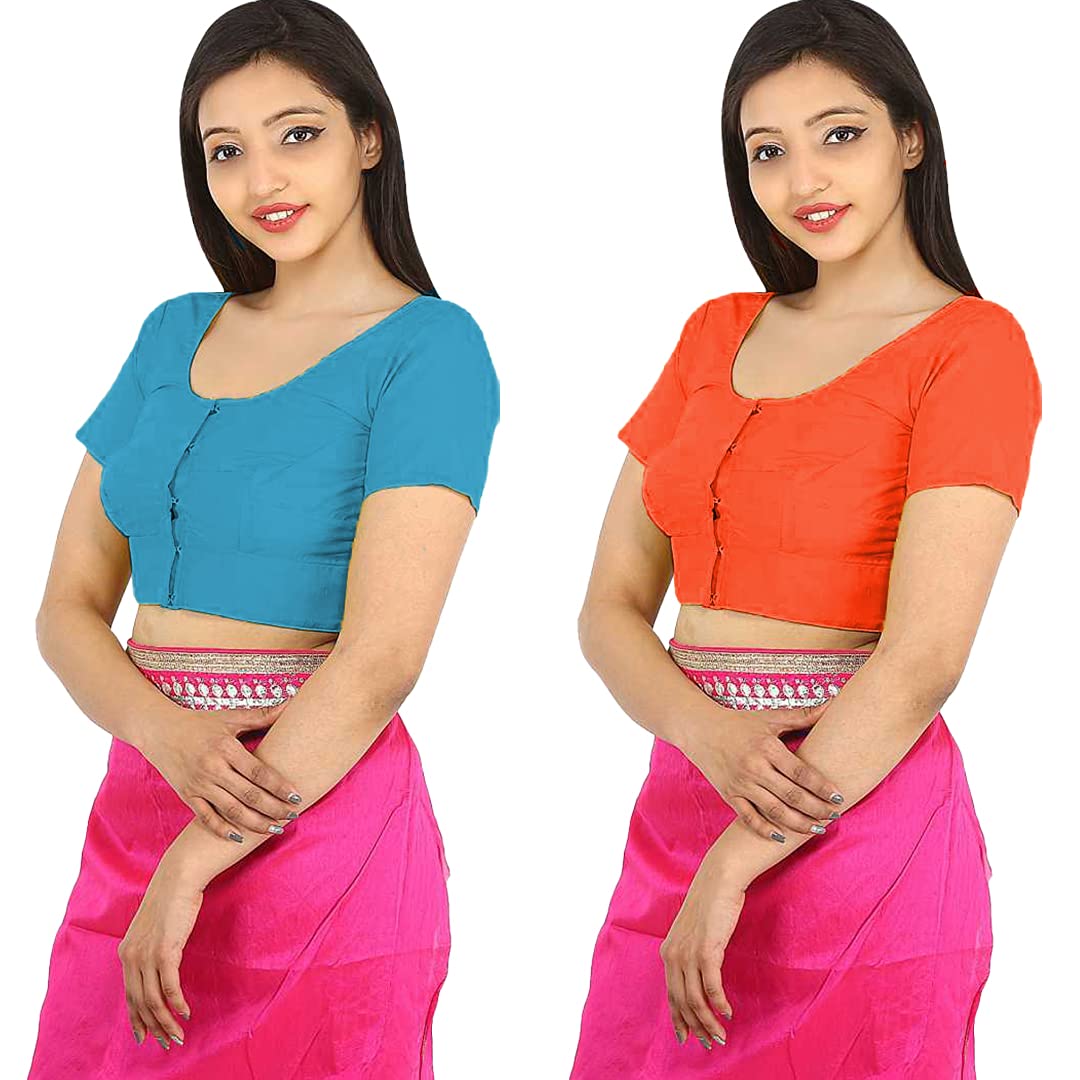 namita Women's Rubia Cotton Half Sleeve Readymade Regular Fit Blouse (U-Cot-Com-2-Cyan-Orange-40_Cyan, Orange_40)-picture-22