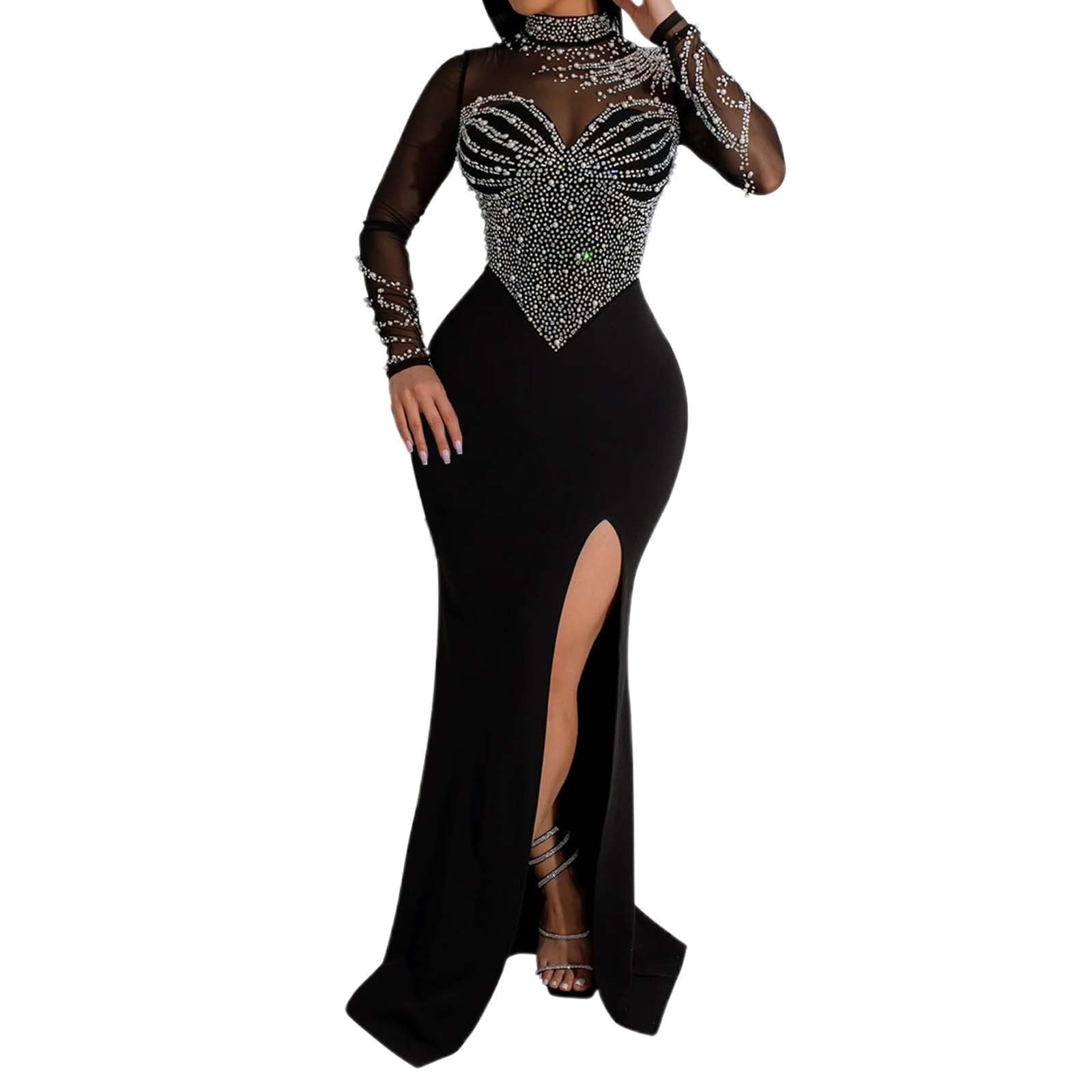 Generico Abito Carnevale Donna - Elegante Abito Lungo con Spacchi in Strass A Rete Tinta Unita per Le Donne Elegante Abito da Festa E da Sera