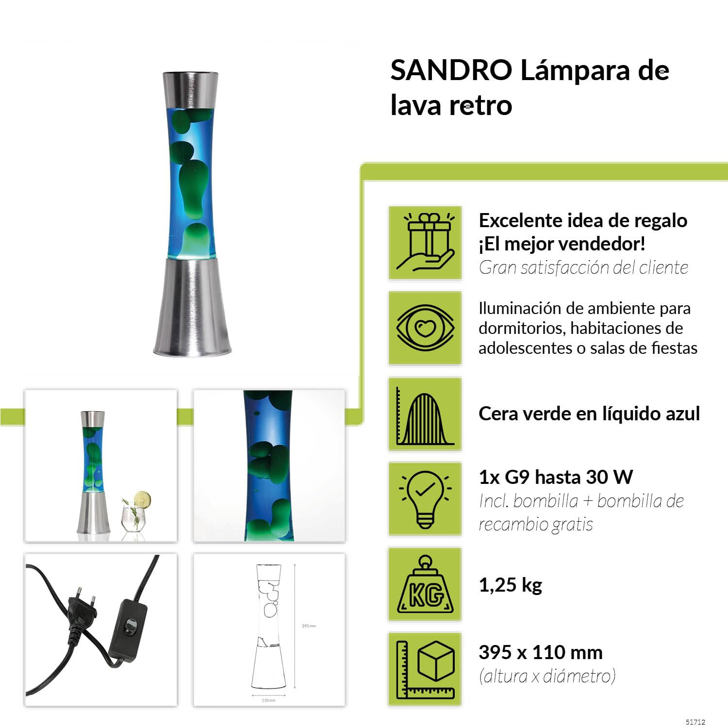 Lámpara de lava azul verde, lámpara de lava retro, 39,5 cm, sala de fiestas, idea de regalo de Navidad, G9 30 W con interruptor de cable, bombilla incluida, lámpara volcán