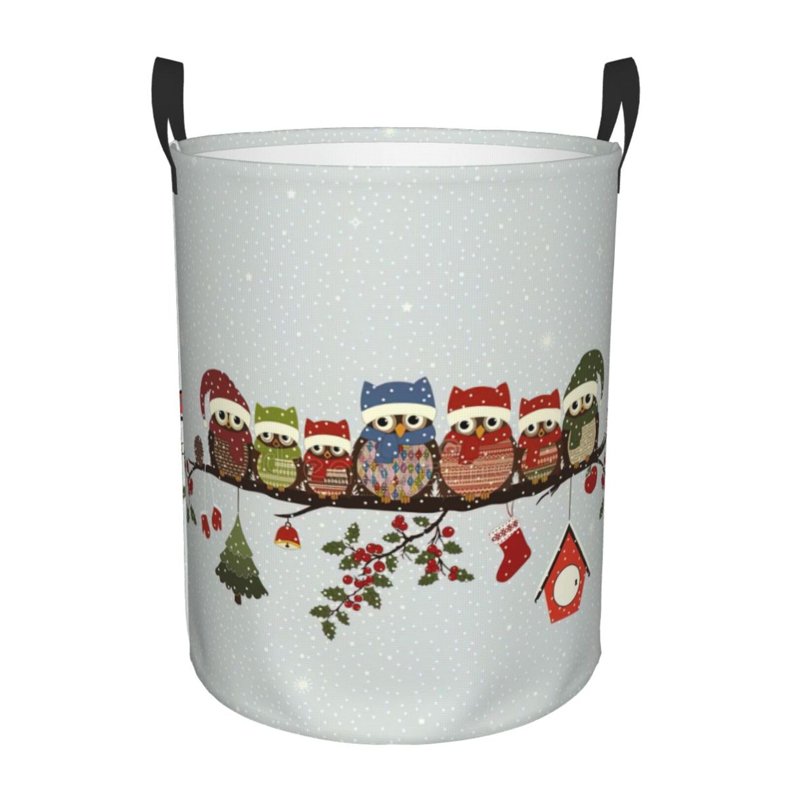 M Collapsible Round Cute Christmas Owls on Branch Print Laundry Hamper