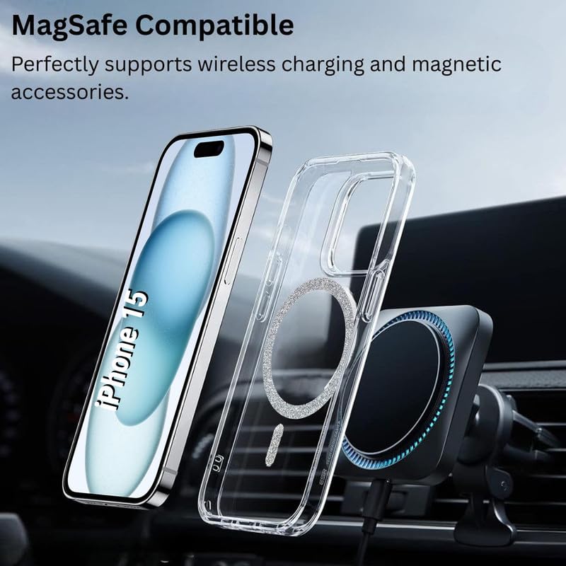 Image of AIBEX Back Cover Case Compatible with iPhone 15 | Glitter Ring Cute Shiny Colorful Bling Case (Compatible with Magsafe) | Transparent PC+TPU Glossy Shiny Cover for Girls & Women - Silver