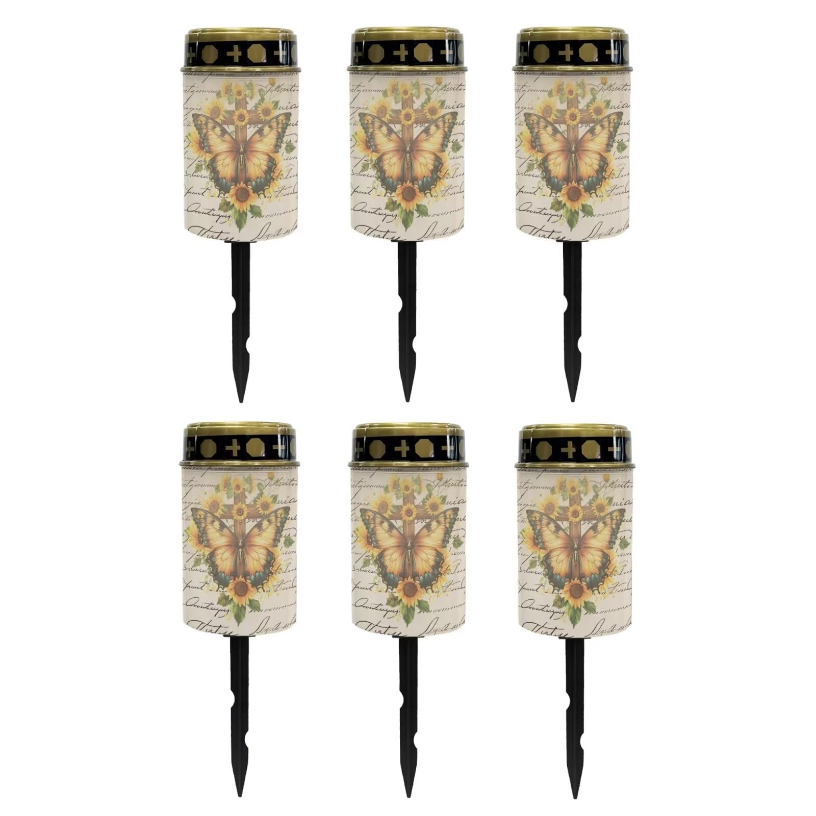 Poceacles Cross Outdoor Solar Lights Grave Solar Candle Outdoor Waterproof Cemetery Solar Candles Garden Lights for Cemetery Lawn Porch Backyard Decoration, Butterfly Sunflower Cross Letter, Pack of 6