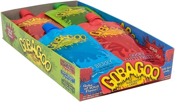 New Gobagoo Goo Candy 12-ct Assorted Flavor Box; Slime Like Sour Goo Candy Delivers Intense Taste Experience! Allergen, Gluten, GMO & Fat-Free
