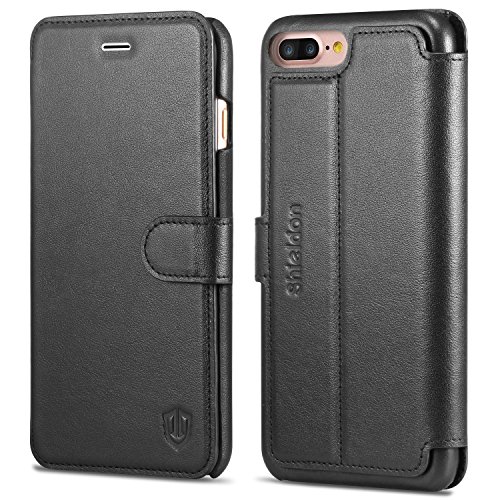 iPhone 8 Plus Case, iPhone 7 Plus Case, SHIELDON Genuine iPhone 7 Plus Leather Case [Card Slots] [Heavy Duty Protection] with Stand Magnetic Closure Flip Cover for iPhone 8 Plus/7 Plus - Black