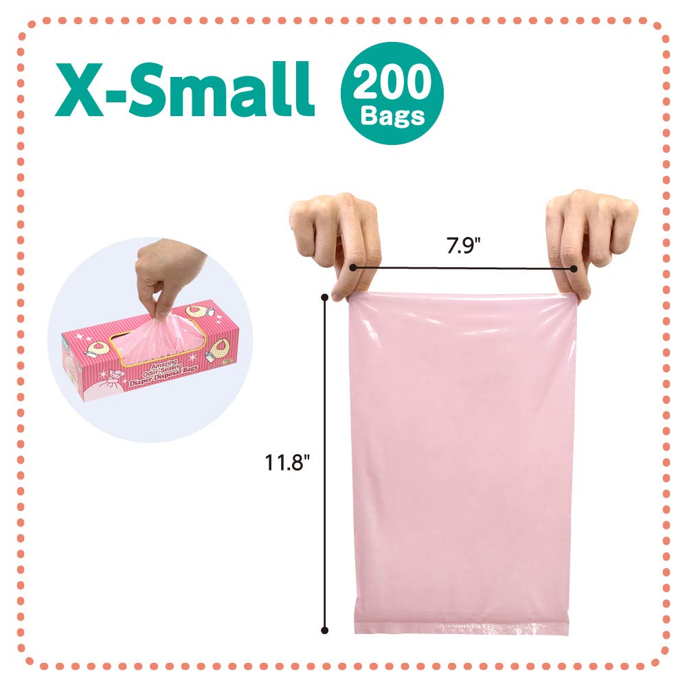 BOS Amazing Olor Sealing Baby Pañal Bolsas de desecho – Duraderas y sin perfume (200 bolsas) [Tamaño: XS, Color: Rosa] Nuevo paquete de bebé!