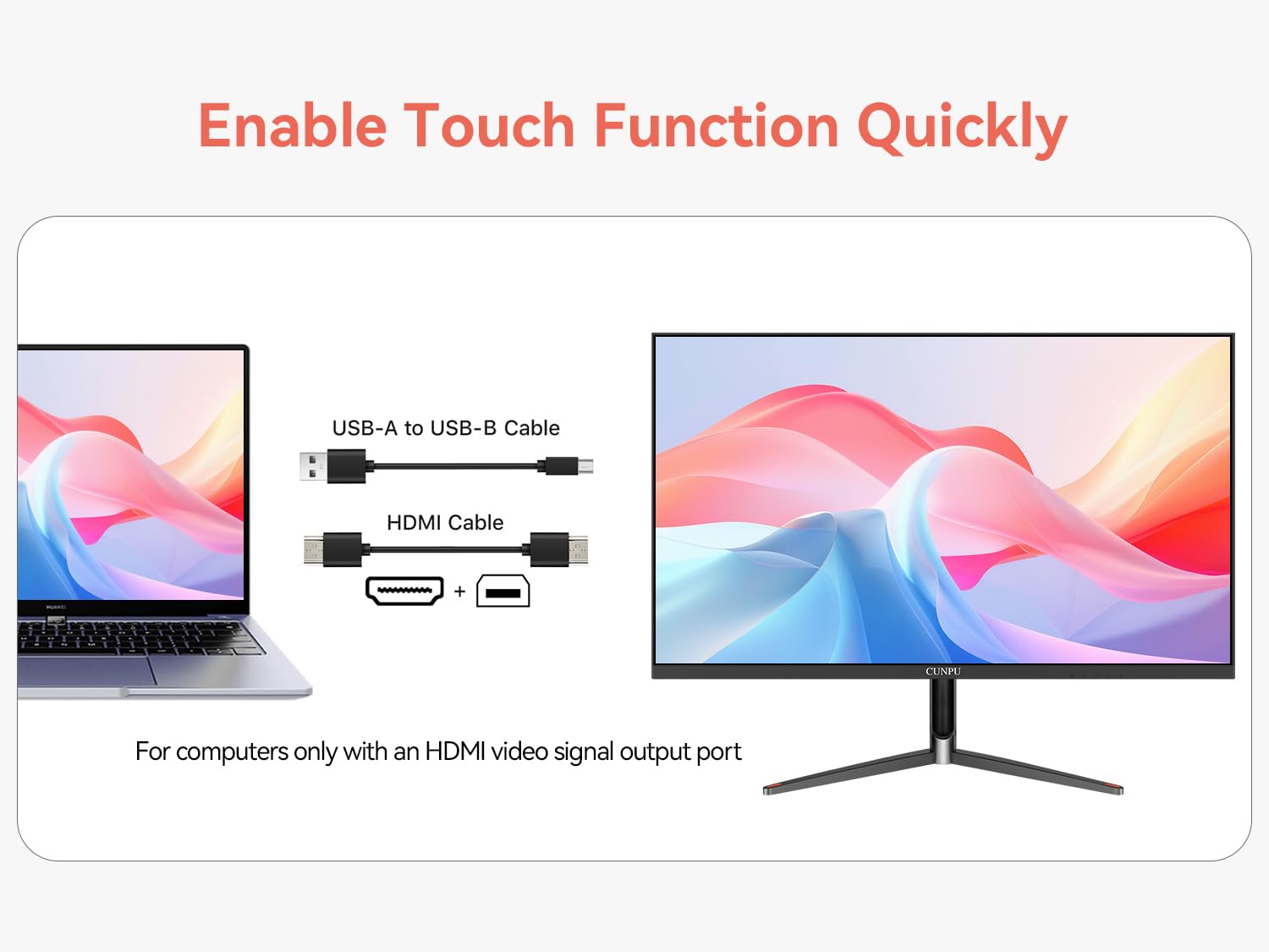 CUNPU Monitor touchscreen da 24 pollici, 10 punti di tocco, schermo IPS FHD 1080P 75Hz, 100% SRGB, montaggio a parete VESA, regolazione inclinazione, VGA HDMI USB per PC, computer portatile e