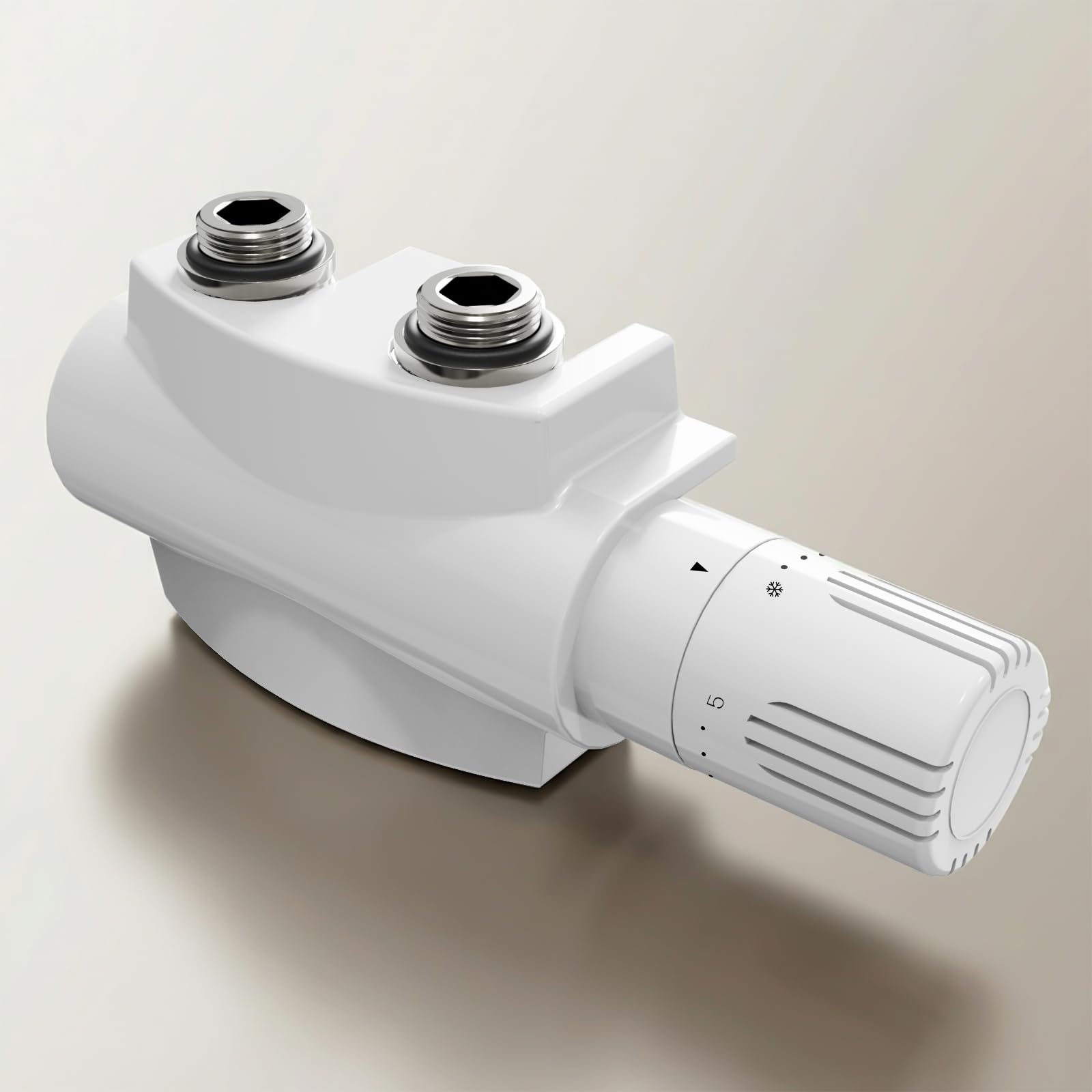 Heilmetz Multiblock Set für Heizkörper Anschlussarmatur mit Thermostat Hahnblock in Eck- und Durchgangsform, 50mm Ventil – Für 15mm & 16mm Rohre (G1/2"), 1 Stück, Weiß mit Deckel