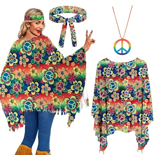 HBSFBH Hippie Kostüm Set, 60er 70er Jahre Hippie Kleidung, Hippie Poncho Damen Set, Damen Hip-pie Kleidung, karneval kostüm damen, für Karneval Disco Party Cosplay Mottoparty Halloween