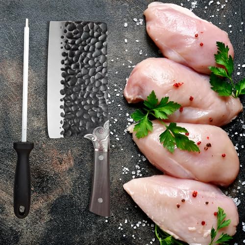 Image of Machado Forging Serbian Chef Knife Set - 12 inch Full Tang High Carbon Clad Steel Butcher Cleaver with Knife Sharpener - Perfect for Vegetables, Fish, Meat - Ideal for Kitchen, Hotel, Restaurant