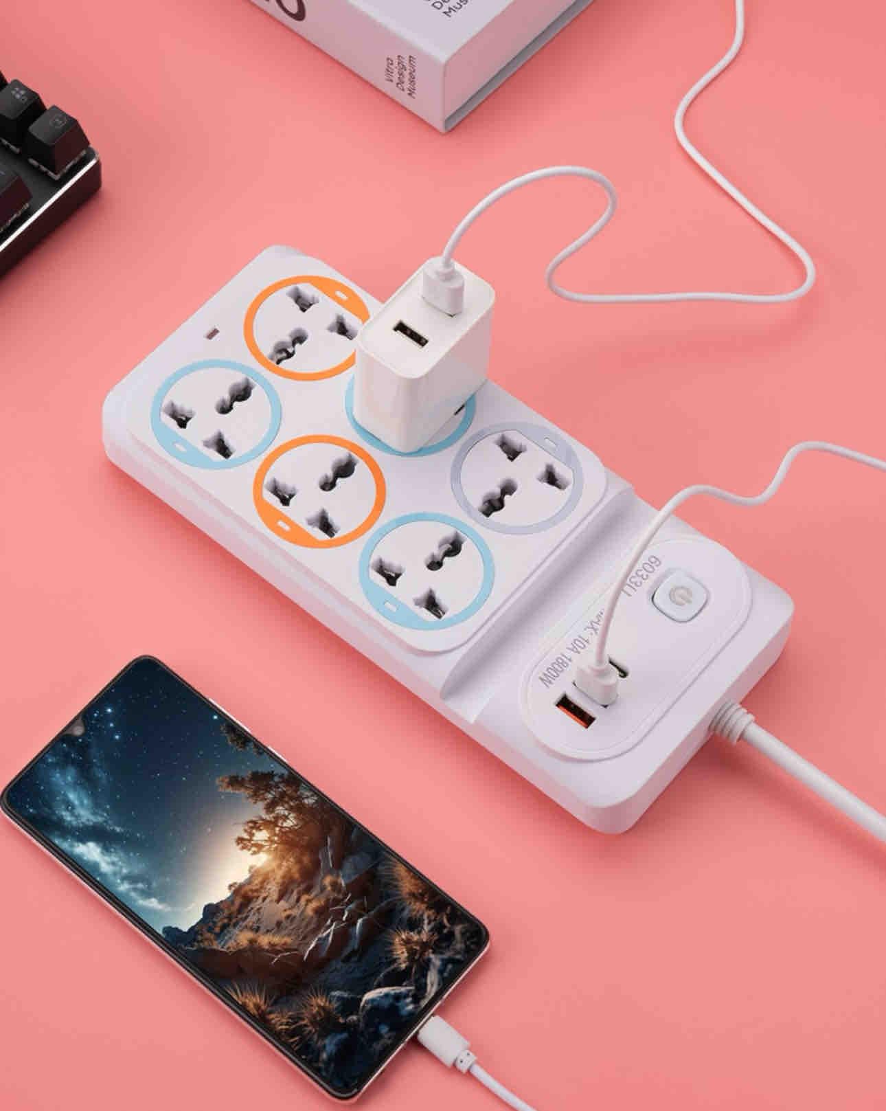 Uvasaggaharam Universal Power Strip with 6 Three Pin Sockets, 2 USB Ports, 1 Type-C Port, 1800W 10A Extension Board, White-picture-26