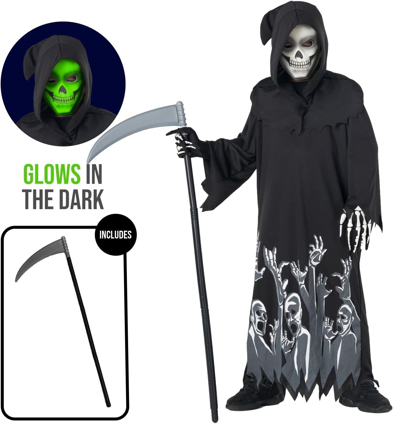 Morph Glow In The Dark Grim Reaper コスチューム キッズ、ハロウィンコスチューム 男の子用 暗闇で