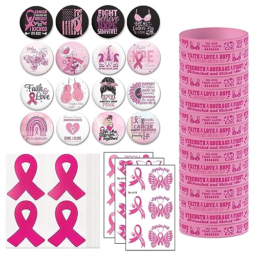 Breast Cancer Awareness Items Bulk, Breast Cancer Bracelets, Breast Cancer Pins Buttons, Pink Cancer Patients Survivor Gifts Temporary Tattoo Stickers for Women Female