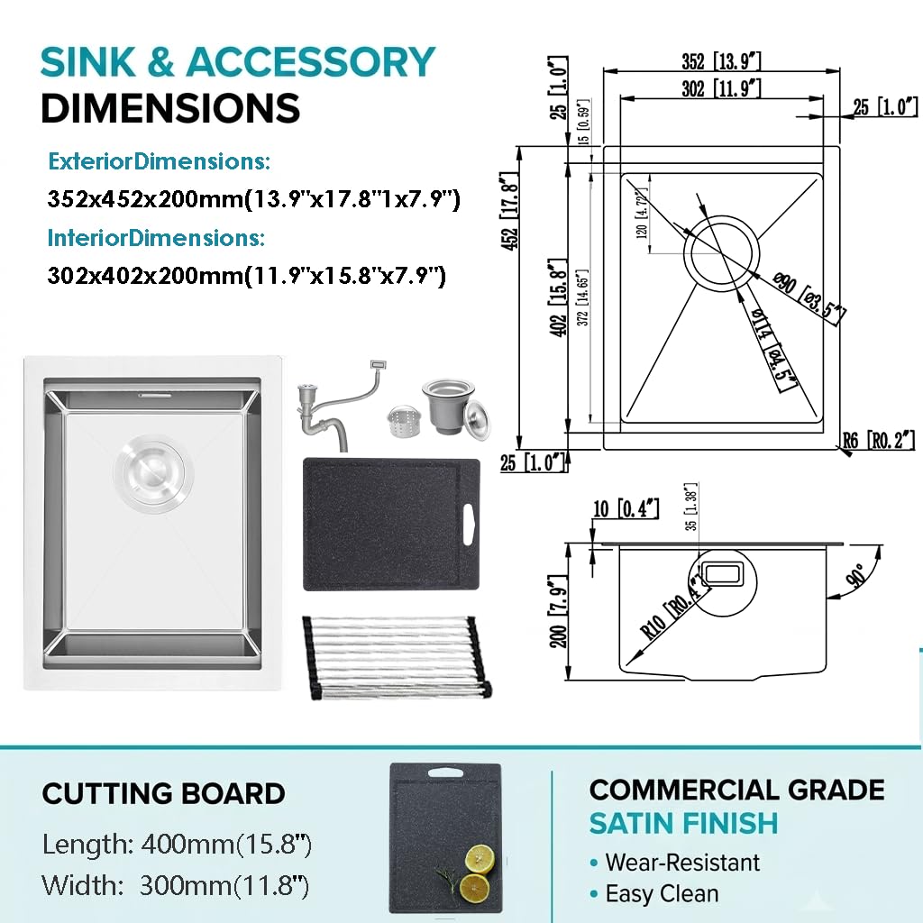 Évier 35x45cm Dissimulé Brossé 304, Encastrable, Bar/Cuisine/Rest. | + Pl. à Découper, Siphon & Bonde, Trop-Plein Inclus, Acier Inox 304 Brossé, 1 Bac Camping-Car, Ext./Jardin/Atelier Restaurant