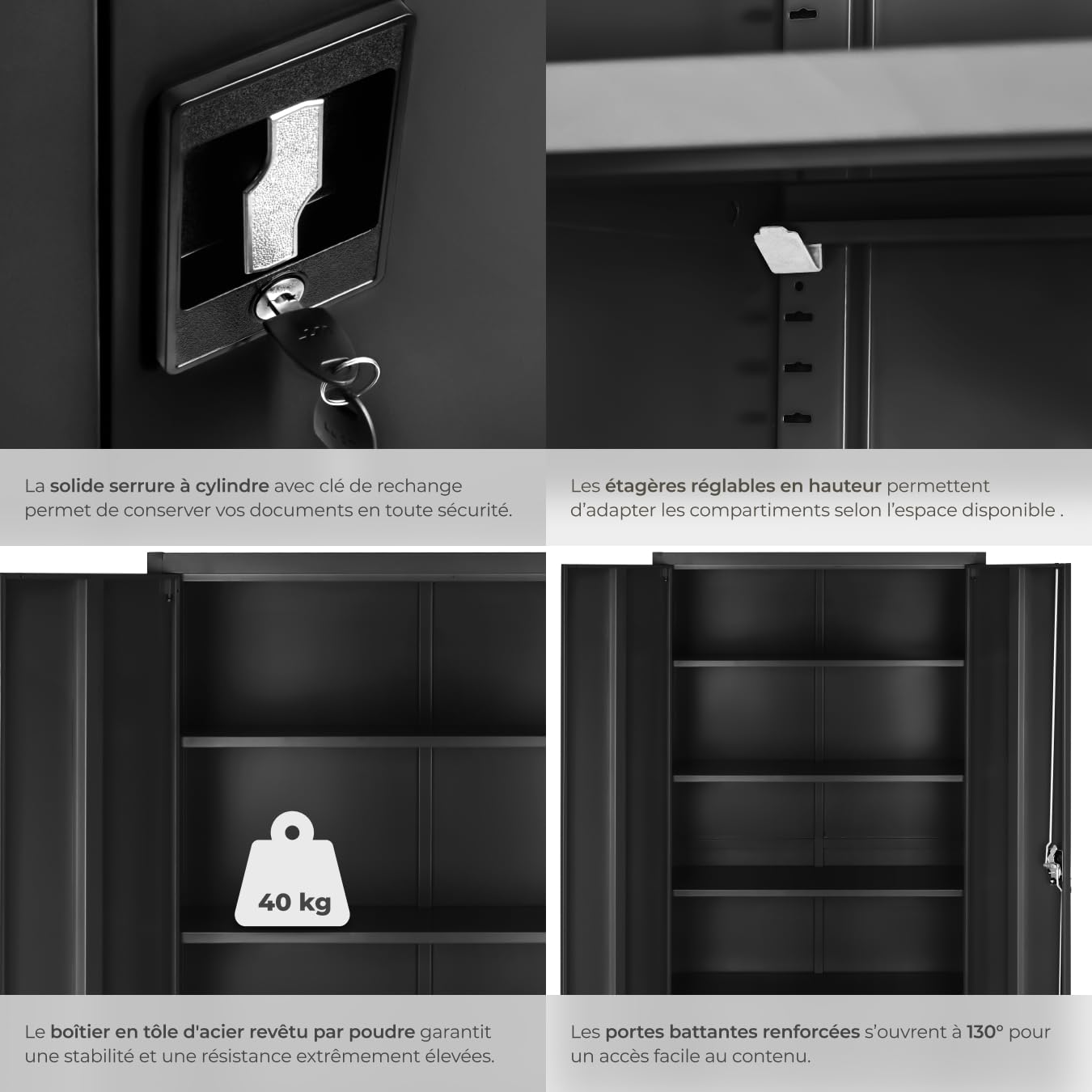 tectake Armoire de Bureau métallique 80 x 40 x 180 cm avec Serrure Rangement Bureau avec 5 Compartiments pour Classeur Rangement Documents Industriel Meuble 2 Portes, 4 Étagères Réglables en Hauteur