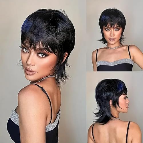 Msviki Black Short Mullet Pixie Cut Wigs Human Hair 80