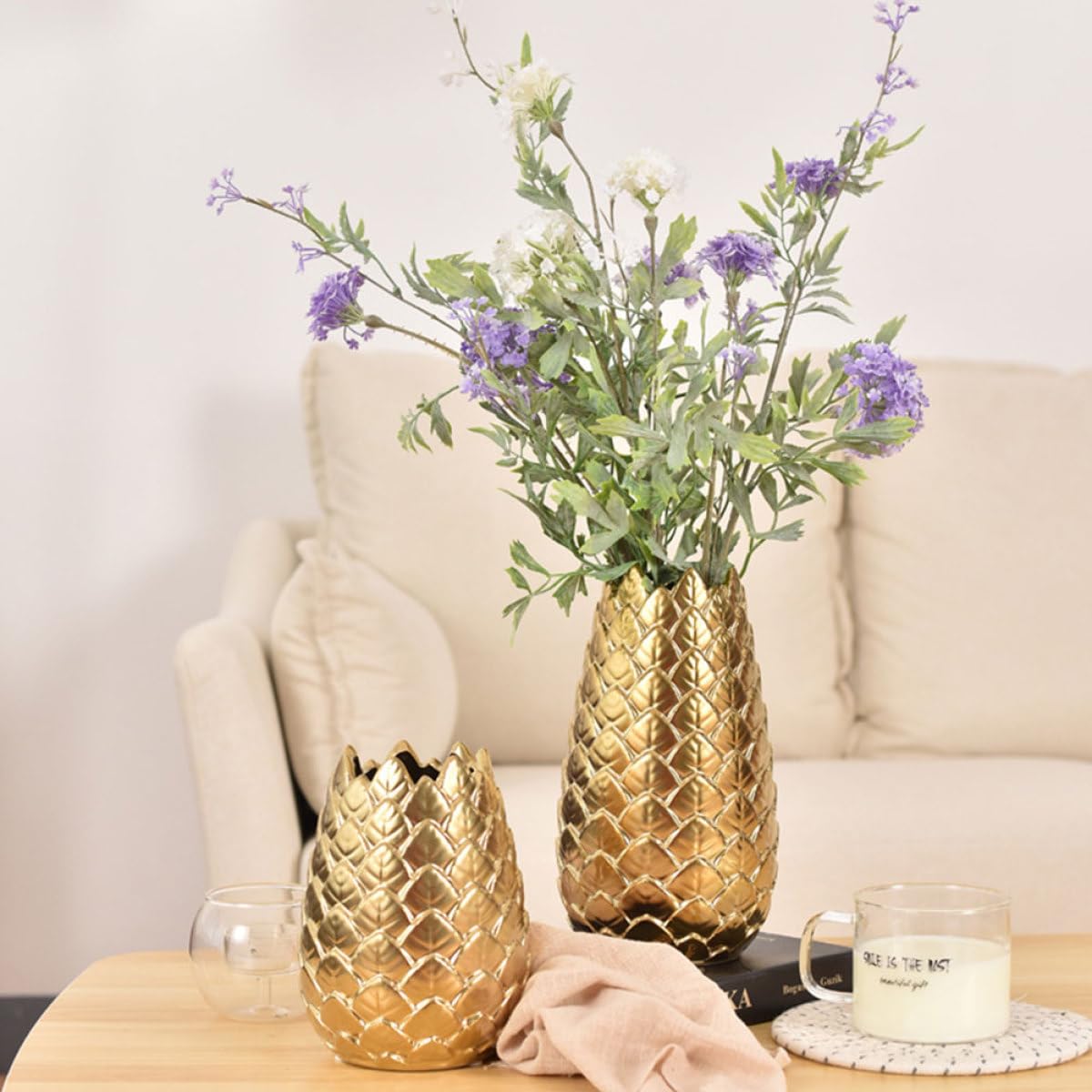 Jarrón Artístico y Contenedor de Flores Estilo Nórdico de Cerámica Dorado Simple Forma Redonda Elegante para de Escritorio