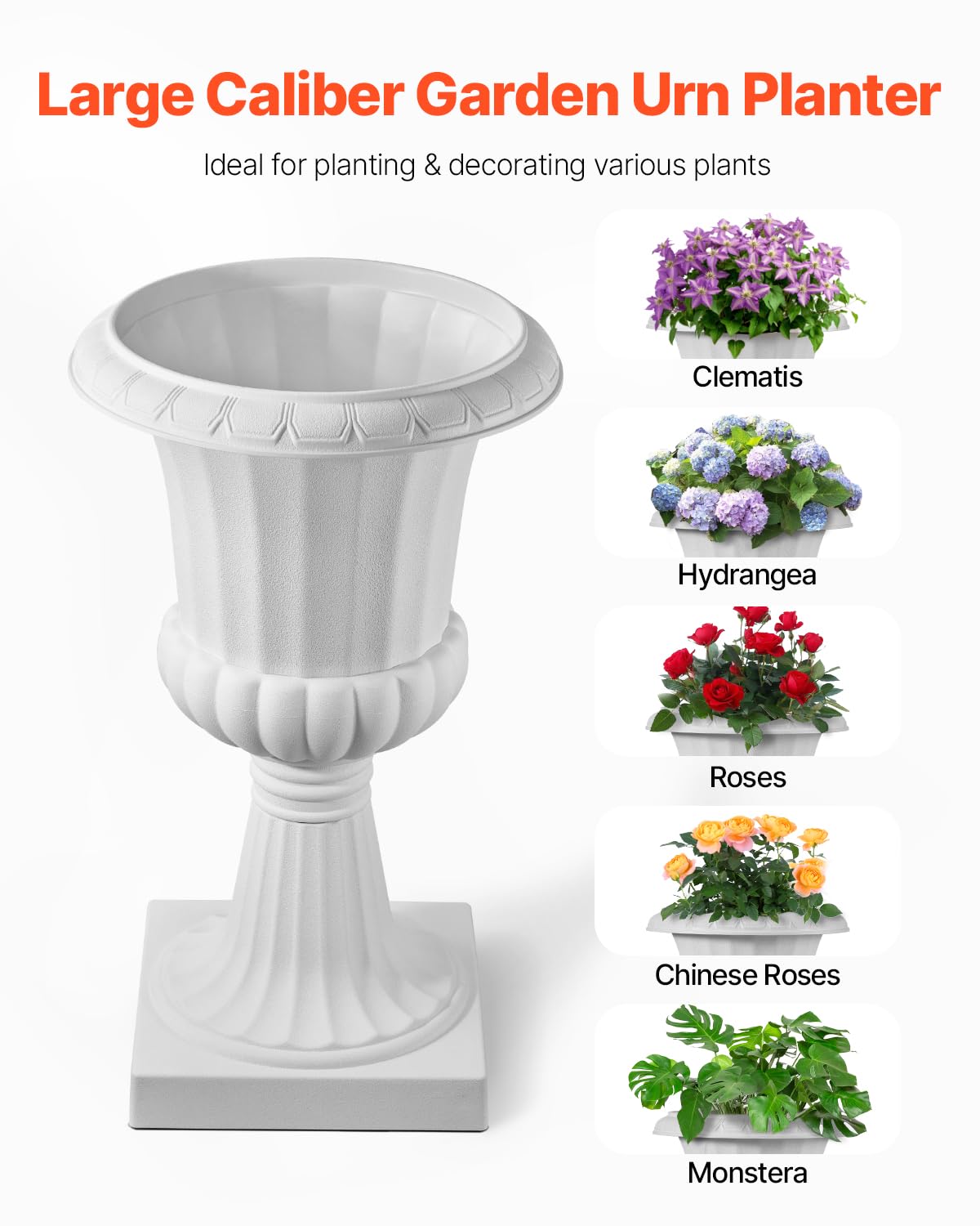 VEVOR Jardinière Urne Plastique, 40 x 67 cm, Pot de Fleurs Classique, Lot de 2, pour Intérieur, Extérieur, Mariage, Fêtes, Événements, Scène, Entrées, Couloirs, Jardin, Balcon, Terrasse, Porche, Blanc